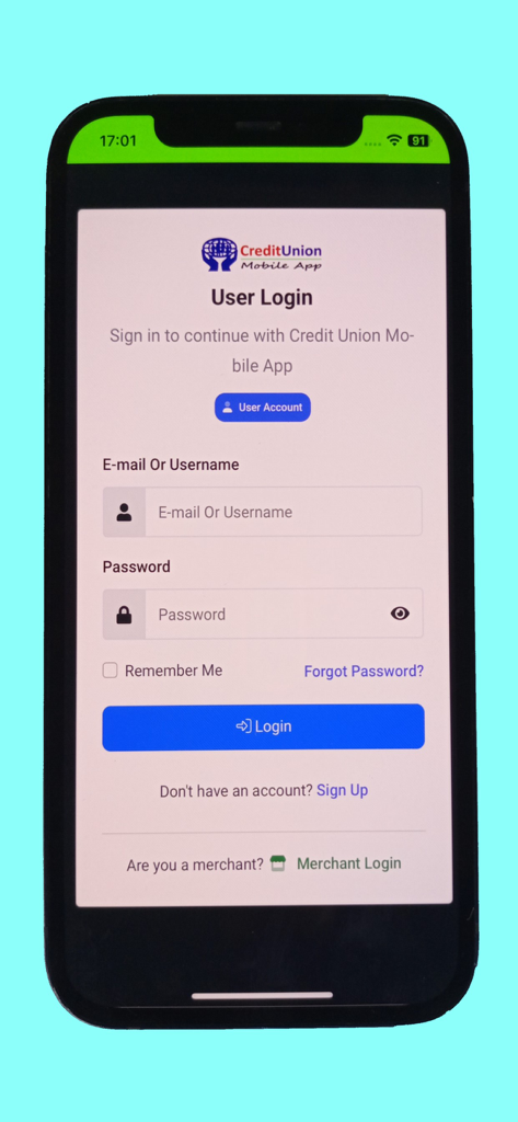 Credit Union Mobile App - Login interface for Credit Union Mobile App with user and merchant access options.