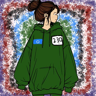 realistic girl with a oversized sweatshirt on and a bun