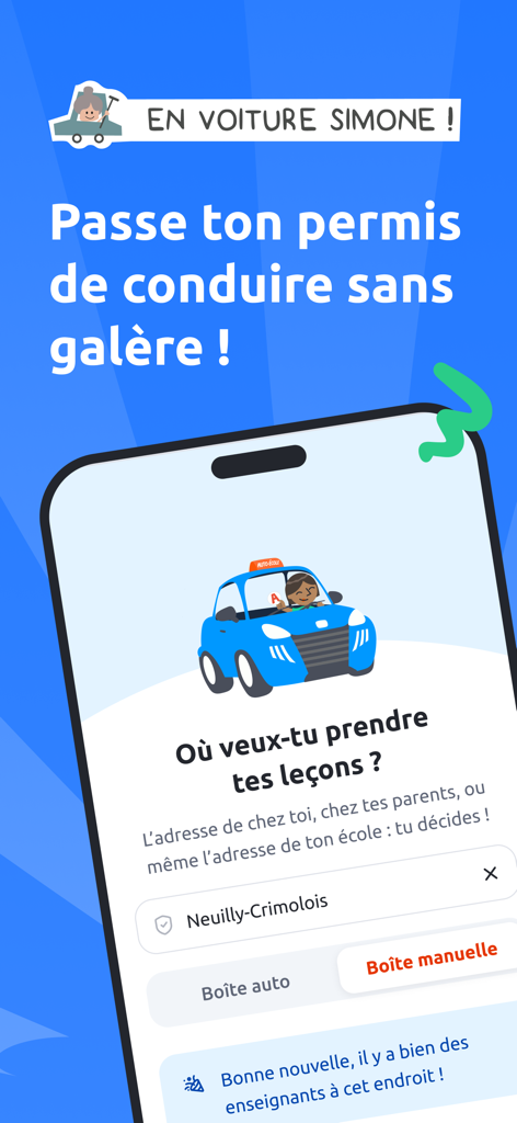 En Voiture Simone - Auto École - Pantalla del móvil de la app En Voiture Simone mostrando la selección de ubicación y tipos de coche para reservar clases de conducción