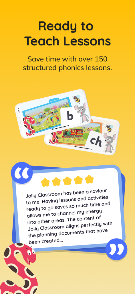 Jolly Classroom: Teach Phonics - A screenshot of Jolly Classroom highlighting over 150 structured phonics lessons and a five star teacher testimonial.