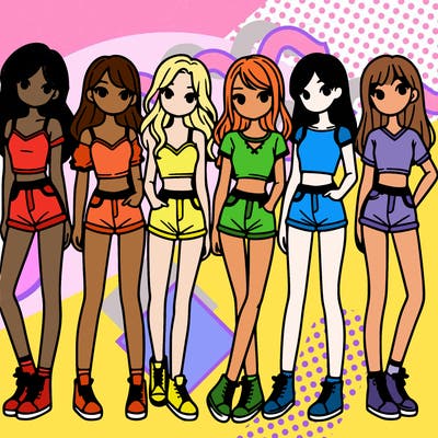 a group of girls wearing crop tops and shorts