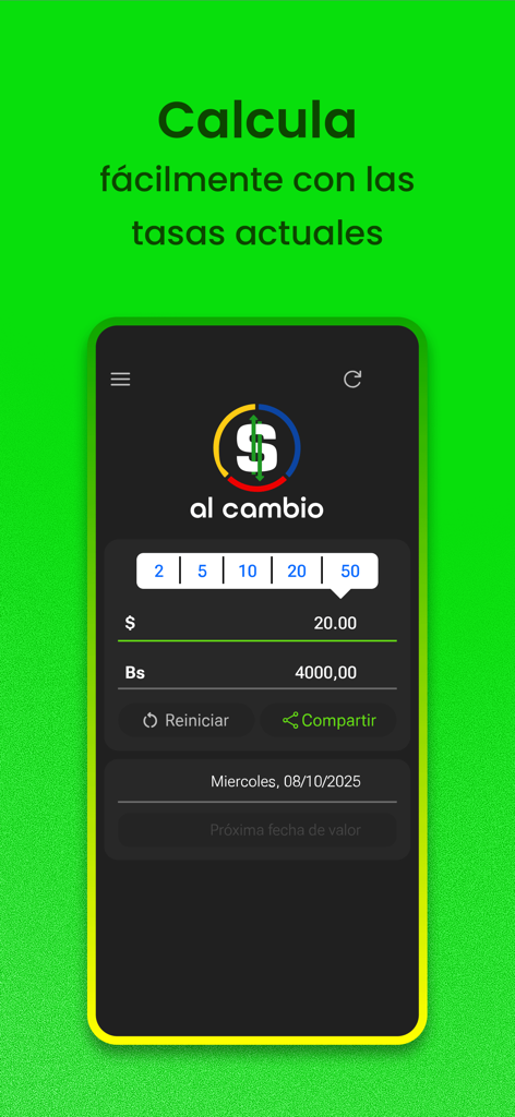 Calculatrice de devises de l'application Al Cambio pour la conversion USD et Bolivares