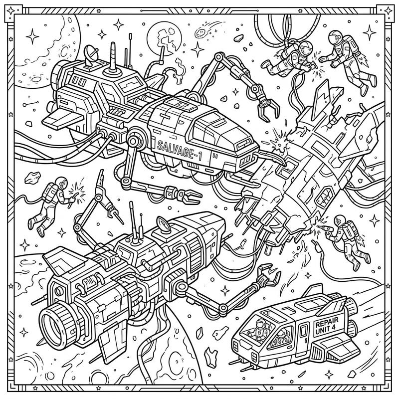 Dive into an epic space mission with our detailed Repair & Salvage Vessels coloring page, where brave astronauts and advanced spacecraft work to mend damaged ships. This intricate design invites you to unleash your creativity and bring a vital part of the future cosmos to life.