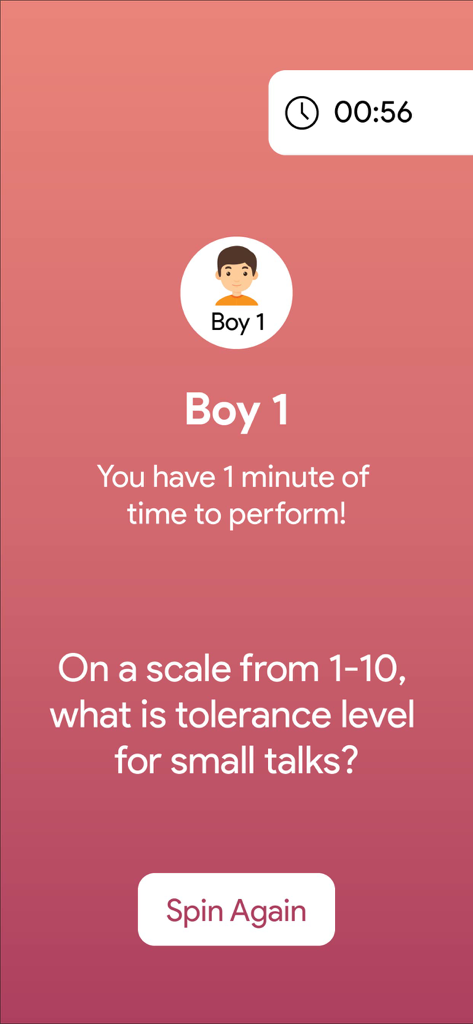 Truth or Dare app interface showing a social icebreaker question with a one minute countdown timer for a player.