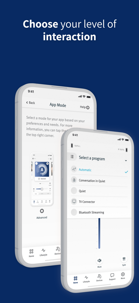 Two smartphone screens displaying the Hearing Remote app interface for choosing interaction levels and selecting specific listening programs like Conversation in Quiet.