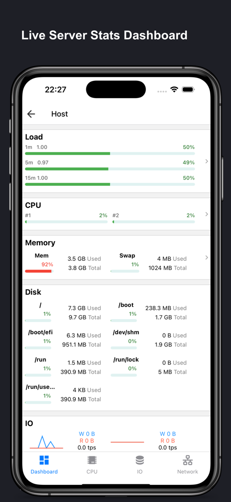 SSH Client Pro - Stats & Shell - Live server monitoring dashboard showing CPU memory disk and load averages on an iPhone