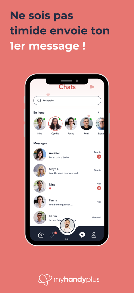 MyHandyPlus - Screenshot of the MyHandyPlus app chat interface showing a list of recent messages and online users
