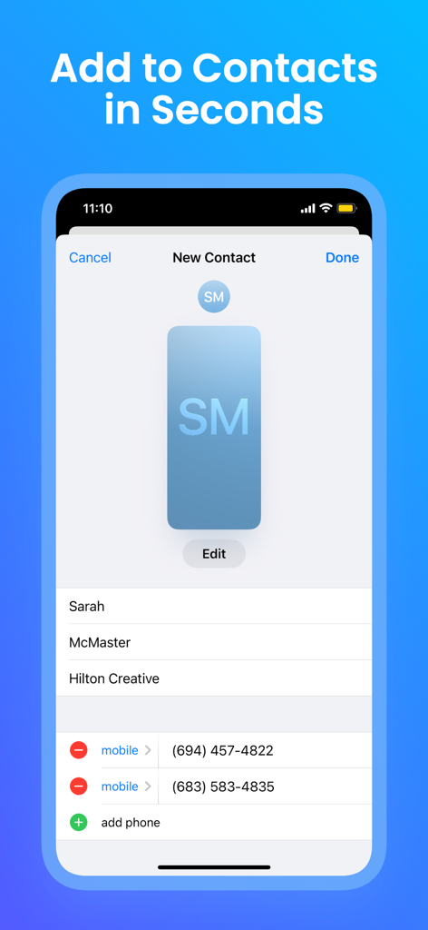 Business Card Scanner - BCR - Ein Smartphone-Bildschirm zeigt die Visitenkarten-Scanner-App, die automatisch Kontaktdaten für einen neuen Kontakt namens Sarah McMaster ausfüllt.
