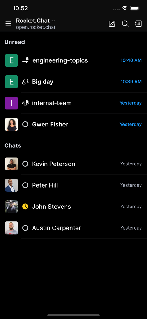 Rocket Chat mobile app interface showing unread messages and a list of direct chats in dark mode