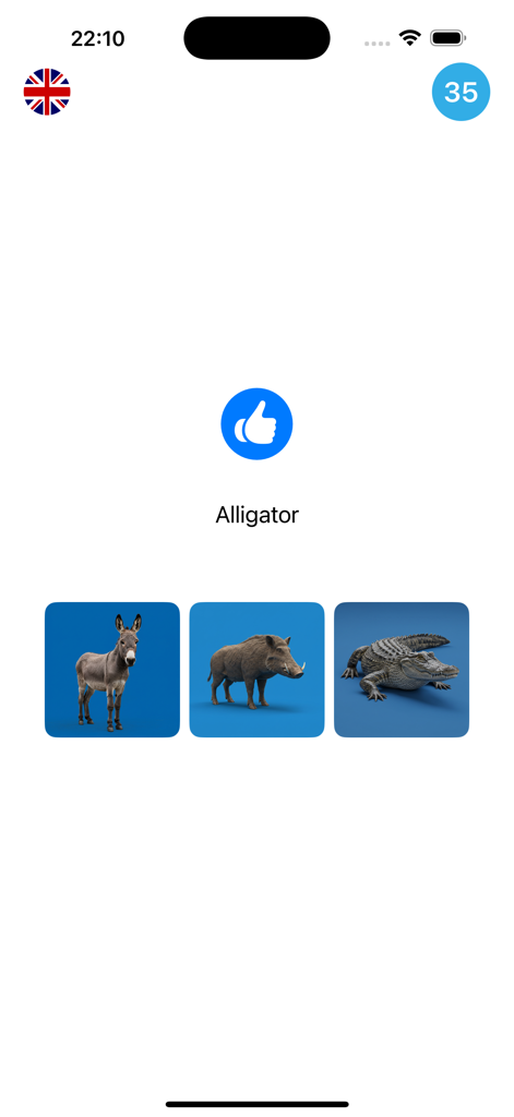 Animal Voice Challenge - La aplicación Animal Voice Challenge muestra una pregunta de opción múltiple para identificar un lagarto entre un burro y un jabalí.