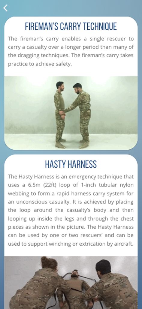 Mobile app screens demonstrating Fireman's Carry and Hasty Harness casualty evacuation techniques.