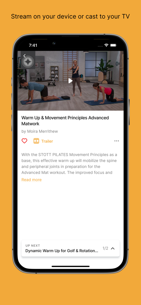 Merrithew Connect™ - Smartphone screen showing a Pilates warm up video within the Merrithew Connect app