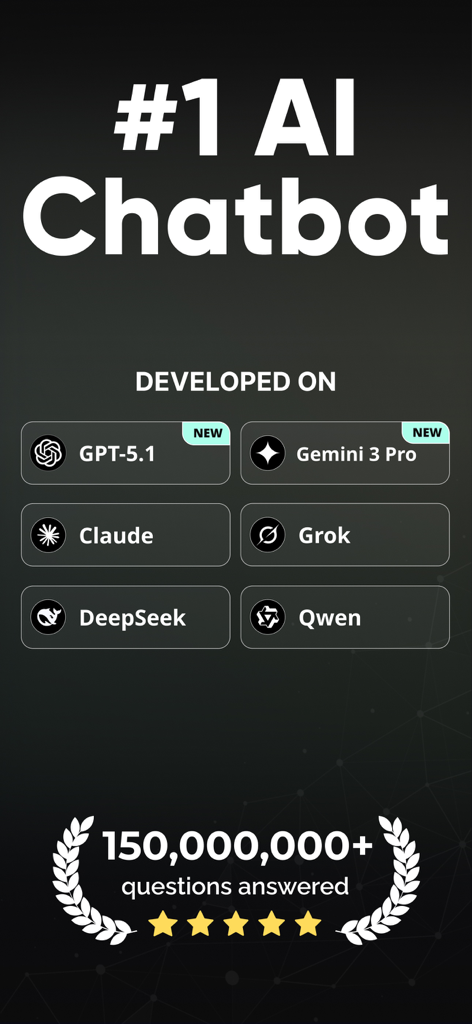 AI Chatbot- Smart AI Assistant - Chatbot IA Asistente Inteligente mostrando soporte para modelos GPT-5.1 Gemini 3 Pro Claude Grok DeepSeek y Qwen con una calificación de 5 estrellas
