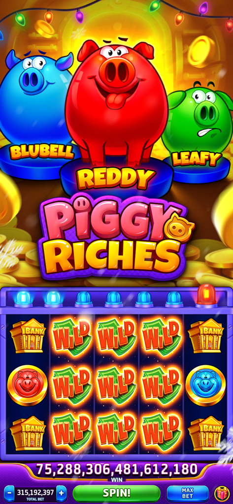 Schermata di gioco del tema Grand Cash Slots Piggy Riches che mostra un enorme jackpot vincente con personaggi maiali colorati