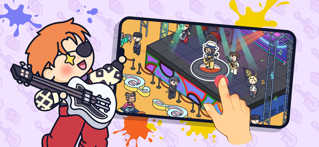 Topia City Life: Avatar World - La mano di un bambino che interagisce con un palco di concerto musicale in Topia City Life con personaggi avatar e strumenti musicali.