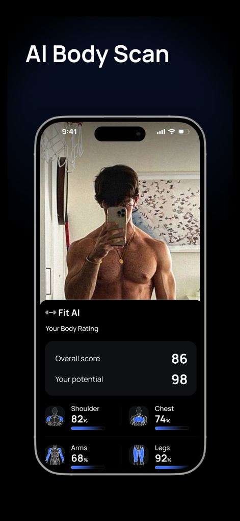 Swole AI app interface displaying an AI body scan with muscle group ratings and fitness scores.