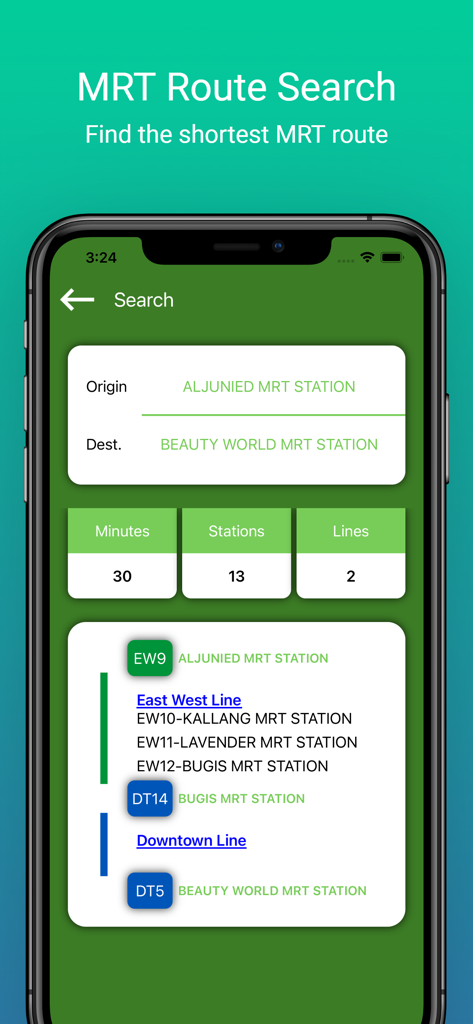 A smartphone screen displaying the SG Bus+ app MRT route search feature showing a 30-minute trip from Aljunied to Beauty World station.