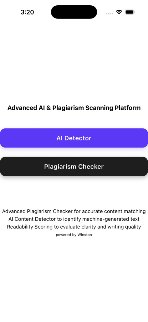 Turnitin Plagiarism Detector - Startbildschirm der Turnitin Plagiat-Detektor-App mit Optionen für KI-Detektor und Plagiatsprüfer