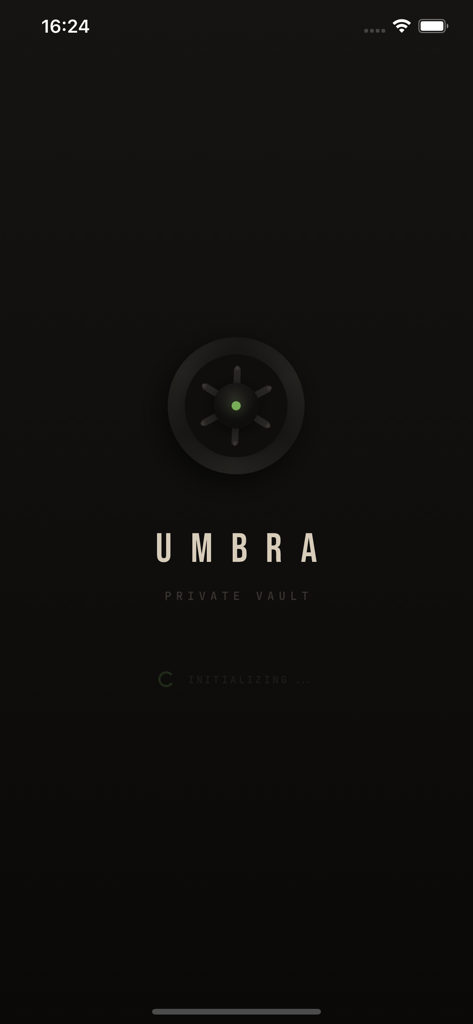 Startbildschirm der Umbra Private Vault App mit einem Tresorwahlrad-Symbol und Initialisierungstext