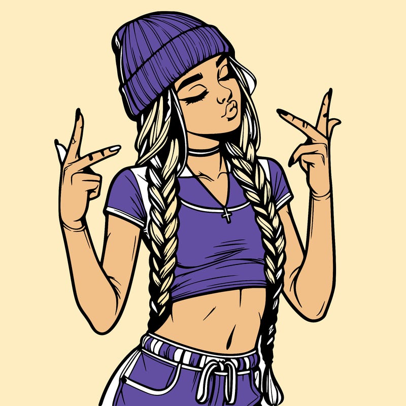 realistic teenage girl with braids and a beanie and crop top doing 🫶🏼