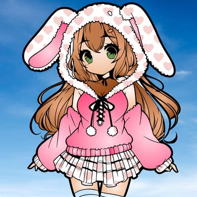 pretty anime girl wearing a fluffy hoodie with bunny ears on the hood and a skirt