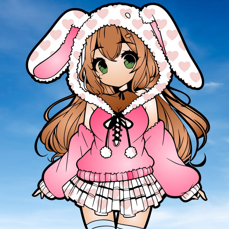 pretty anime girl wearing a fluffy hoodie with bunny ears on the hood and a skirt