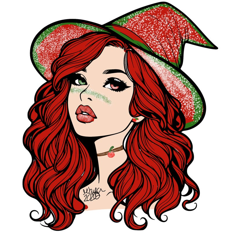 realistic witch girl with wavy hair and lips