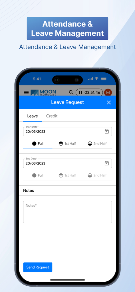 Moon HRM: HR & Employee Portal - Pantalla de la aplicación móvil Moon HRM que muestra un formulario de solicitud de permiso con opciones de fechas de inicio y fin y notas