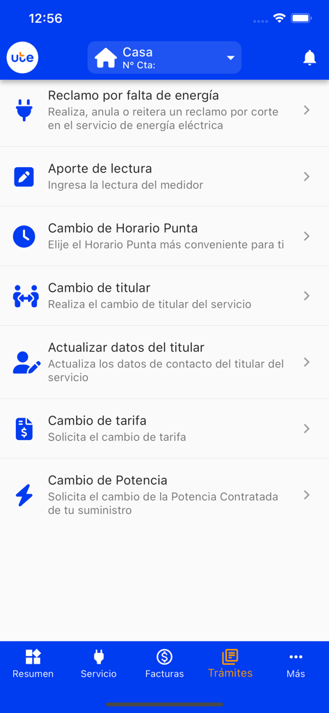 Schermata Trámites dell'app UTE Clientes che mostra le opzioni di gestione del servizio elettrico come reclami per interruzione di corrente e letture del contatore.