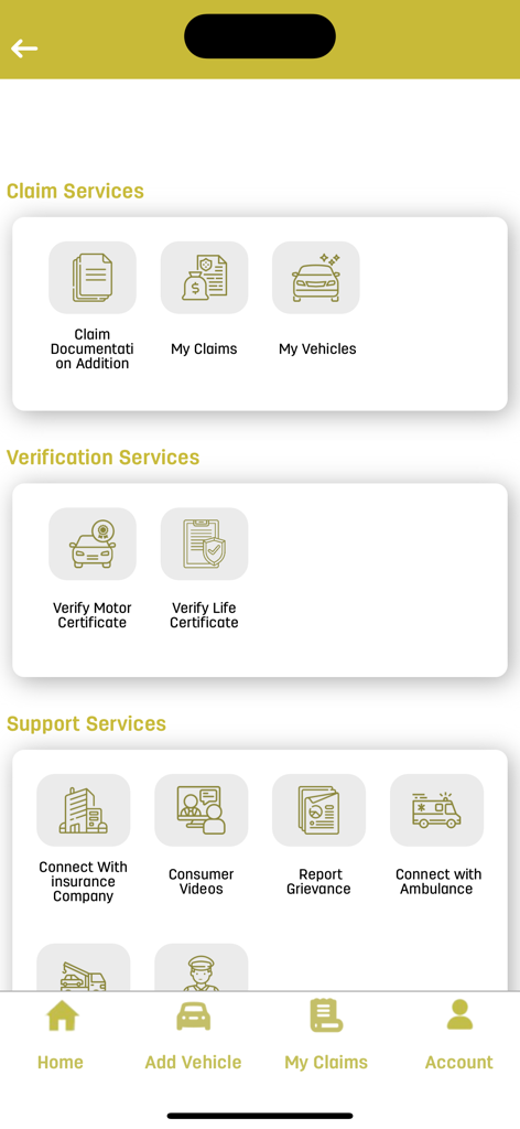 Bima Yangu - Bima Yangu app home screen showing claim verification and support services for Kenyan insurance policies.