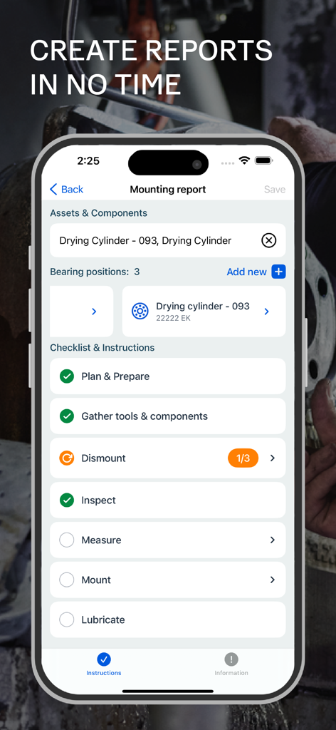Interfaz de aplicación móvil de SKF Bearing Assist que muestra una lista de verificación de informes de montaje para activos industriales