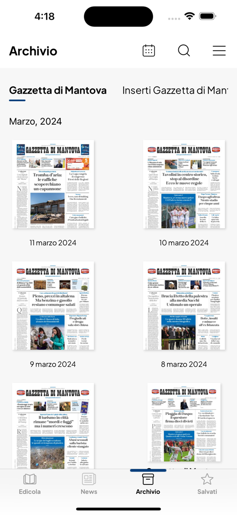 以前の新聞一面のグリッドを示すLa Gazzetta di Mantovaアプリのアーカイブセクション。