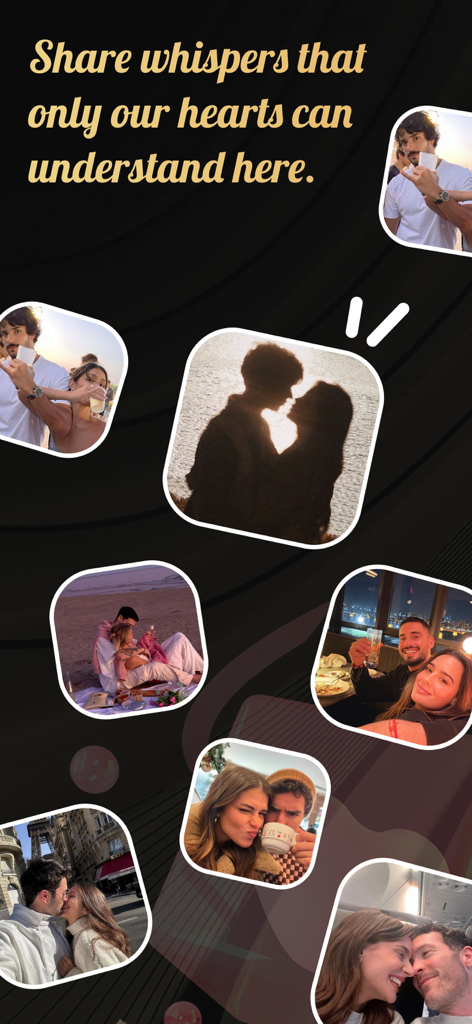 커플들이 친밀한 장소에 있는 로맨틱한 폴라로이드 스타일 사진 콜라주와 개인 속삭임 공유에 대한 텍스트