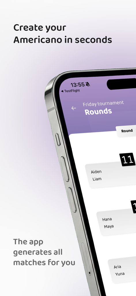 Americano Padel - Smartphone display of Americano Padel app generating tournament match rounds for players.