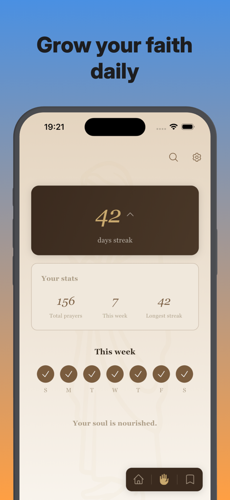 Daily Bible Verse – Bibly - Panel minimalista que muestra una racha de estudio de 42 días y estadísticas de oración en la aplicación Bibly