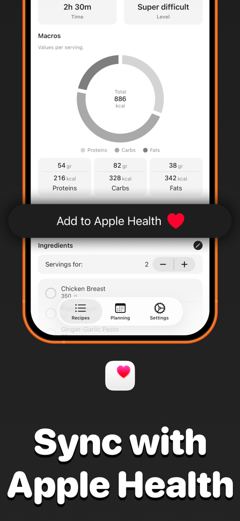 Recipe keeper & macros - Kuk - Interface of Kuk app showing nutrition macros and Apple Health sync feature