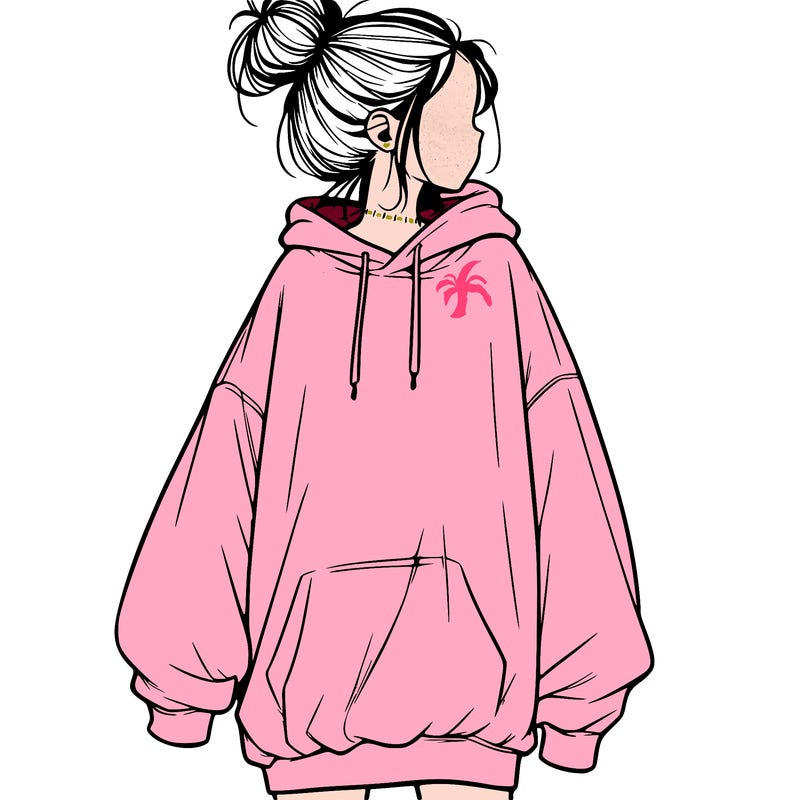 realistic girl with a oversized sweatshirt on and a bun