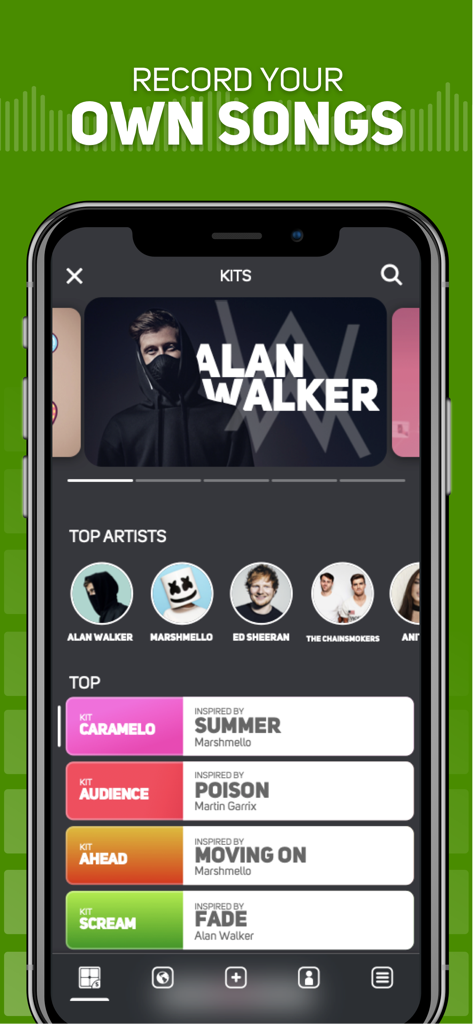 Interface of Super Pads Lights app showing music kits inspired by artists like Alan Walker and Marshmello with a record your own songs banner