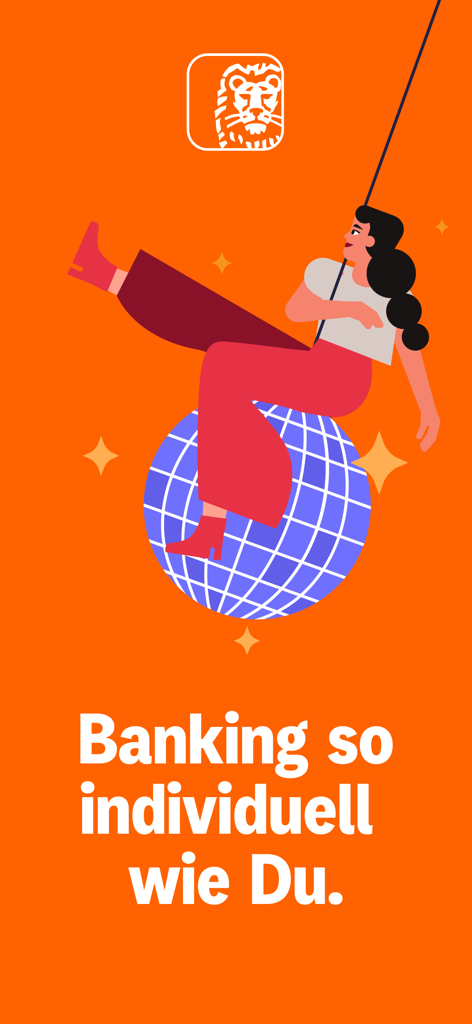 ING Deutschland mobile banking app splash screen featuring a woman swinging over a disco ball with the text Banking so individuell wie Du