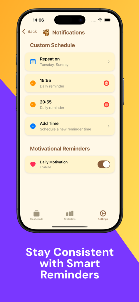 MemoCards: AI flashcards - The smart reminders and custom study schedule screen in the MemoCards app.