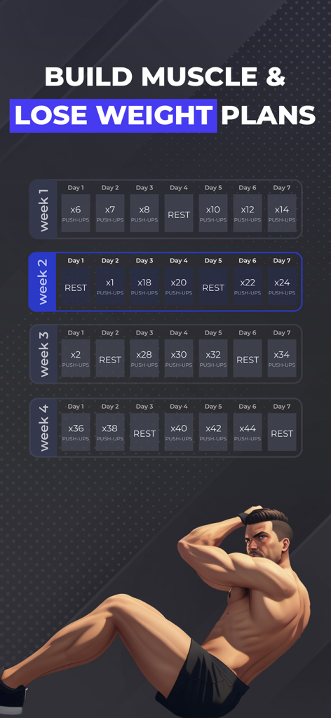 A four week home workout schedule for building muscle and losing weight featuring push up counts and rest days.