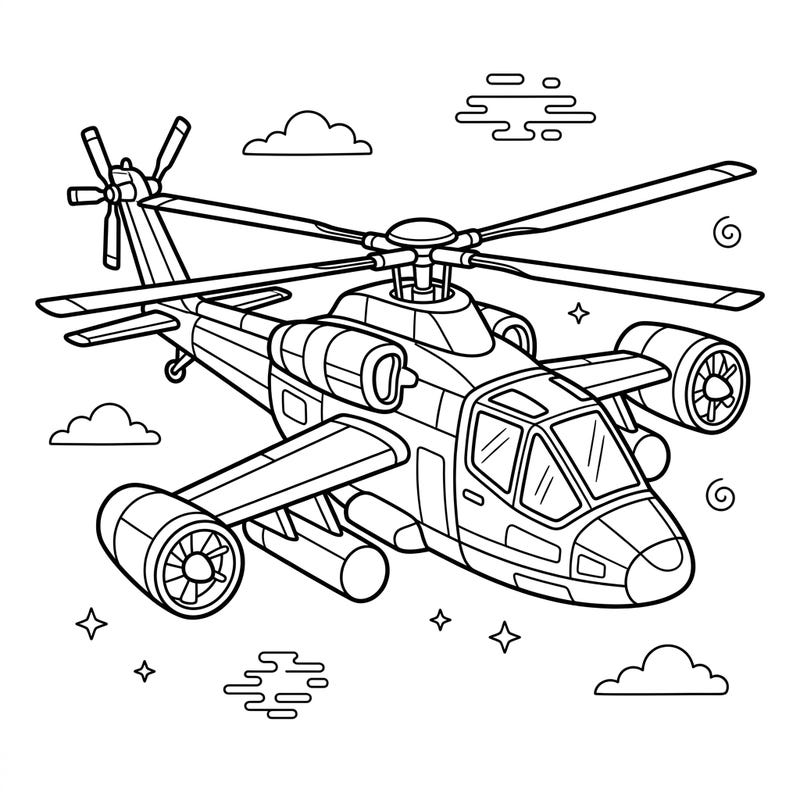 Embark on an aerial adventure with this exciting compound helicopter coloring page, designed especially for young explorers. Kids aged 4-8 will love bringing this unique aircraft with its special wings and propellers to life with their favorite colors.