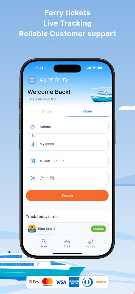 Openferry: Ferry Tickets - La schermata iniziale dell'app mobile Openferry che mostra un'interfaccia di ricerca per biglietti del traghetto tra Atene e Mykonos con opzioni di tracciamento live.