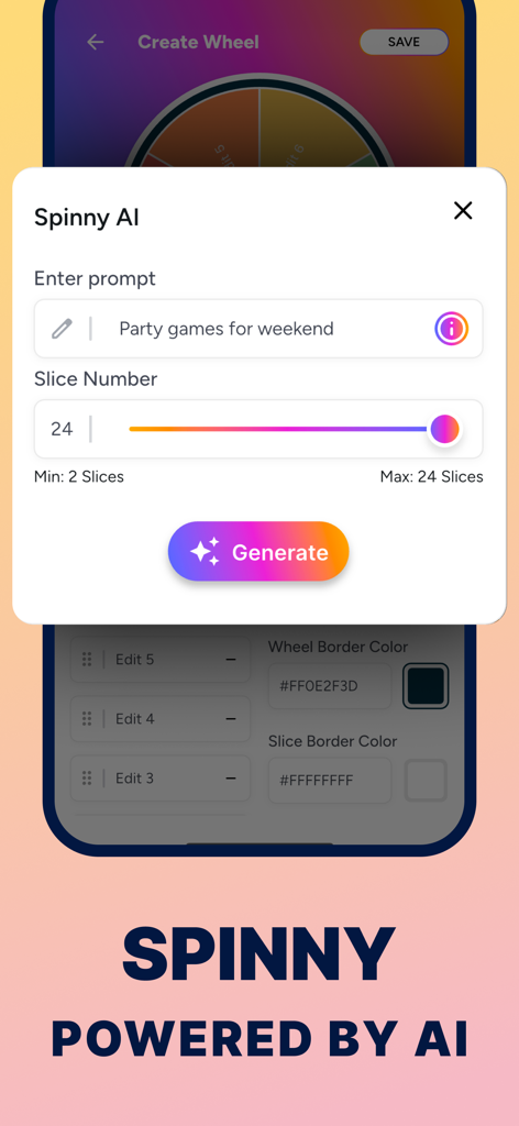 Spin The Wheel - Happy Wheels - Tela geradora de roda giratória personalizada com inteligência artificial, com entrada de prompt e seleção de número de fatias