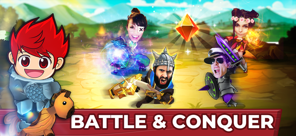 Athene AI Heroes mobile game characters with custom faces in a fantasy battle scene.