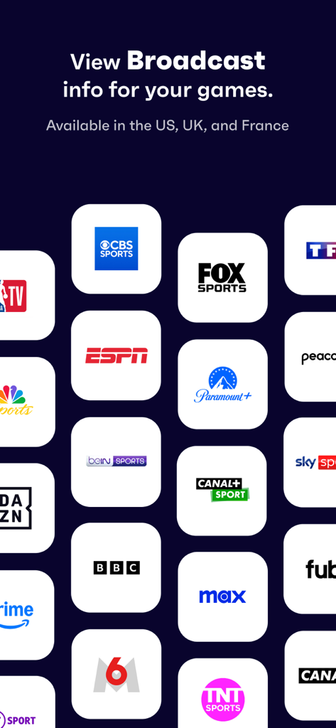 Eine Sammlung von Sportübertragungs- und Streaming-Kanal-Logos, die in der Fixtured App verfügbar sind