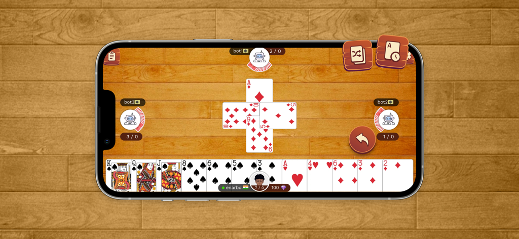 Callbreak : Card game - A smartphone displaying a match of Callbreak card game with a wooden table background and AI opponents.