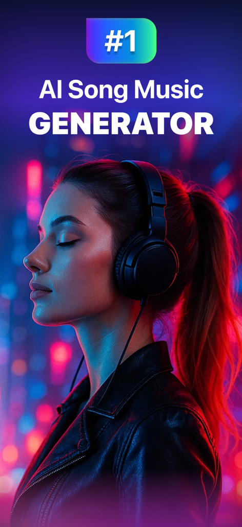 AI Song Generator: Music Maker - A woman wearing headphones with neon lights background and the text AI Song Music Generator