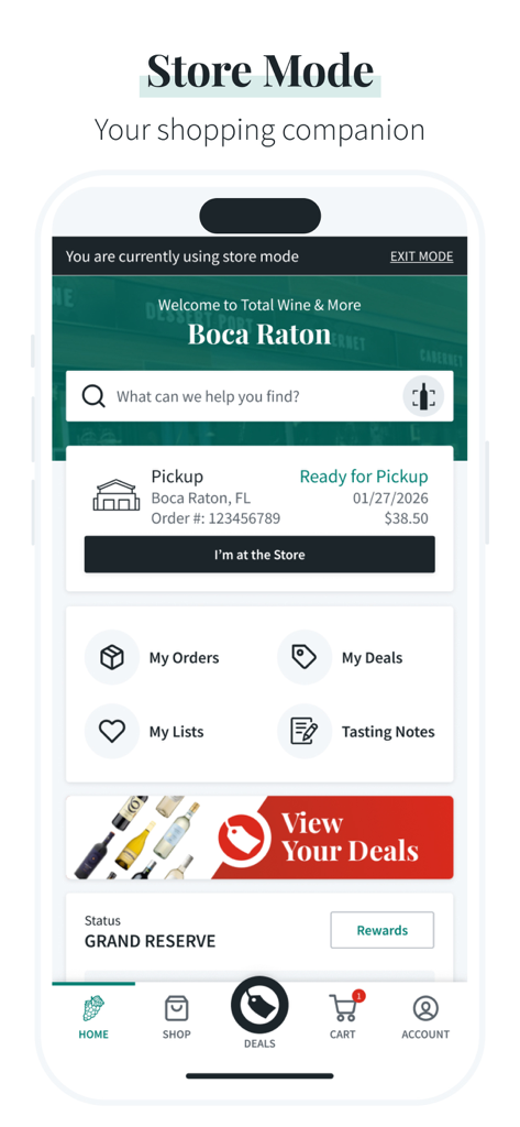 Total Wine & More - Total Wineアプリのストアモードダッシュボードのスクリーンショット。注文の受け取り状況とナビゲーションオプションが表示されます。