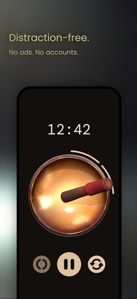 Bowl Timer - Interfaz minimalista de la aplicación de meditación que muestra un temporizador de cuenta regresiva y un icono de cuenco tibetano